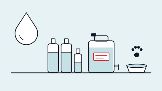 Bottled water, a dated water container and a pet water bowl on a shelf